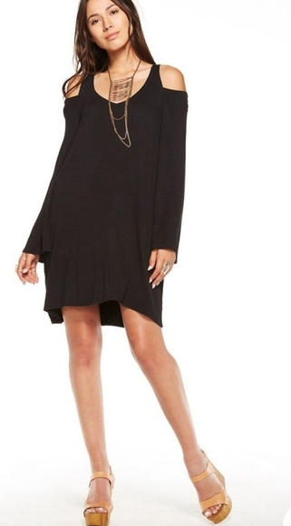 Revolve Brand Chaser Black Cold Shoulder Bell Sleeve Dress Size XS - Picture 2 of 7